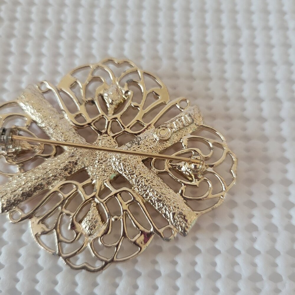 Sarah Coventry Signed Gold Tone Filgree Orange Cabochon Bead Oval Pin Brooch - Picture 4 of 5